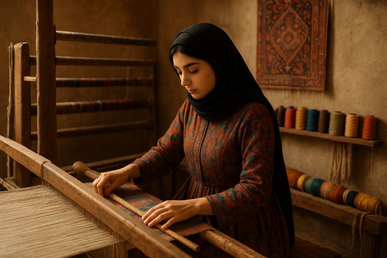 جزئیات بافت رو انداز دست‌باف با الیاف طبیعی